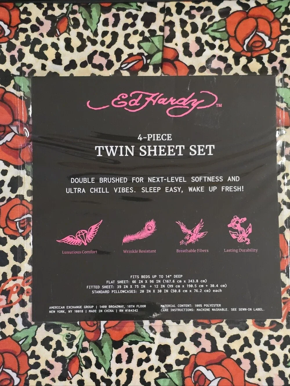 🌹 Ed Hardy 6 Piece Leopard Print & Roses Twin Sheet Set. NWT.